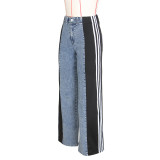 Summer Fashion Patchwork Three Stripes Wide Leg Denim Pants Women's Casual High Waist Stretch Straight Jeans