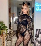 Women Long Sleeve One-piece Fishnet Stockings See-Through Sexy Lingerie