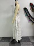 Women Striped Round Neck Sleeveless Backless Cross Straps Dress