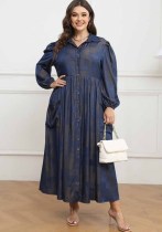 Plus Size Women Button Turndown Collar Long Sleeve Maxi Dress