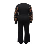 Plus Size Women Summer Mesh Puff Sleeve Wide Leg Jumpsuit