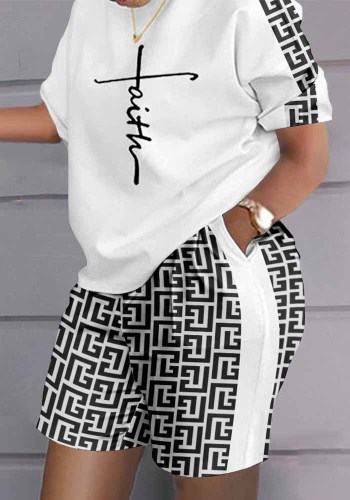 Plus Size Women Summer Print Casual Top and Shorts Two-piece Set