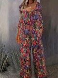 Women Print Casual Round Neck Loose Long Sleeve Jumpsuit