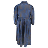 Plus Size Women Button Turndown Collar Long Sleeve Maxi Dress