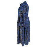 Plus Size Women Button Turndown Collar Long Sleeve Maxi Dress