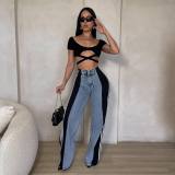 Summer Fashion Patchwork Three Stripes Wide Leg Denim Pants Women's Casual High Waist Stretch Straight Jeans