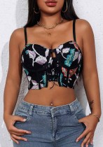 Women Summer Sexy Embroidered Lace-Up Crop Top