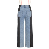 Summer Fashion Patchwork Three Stripes Wide Leg Denim Pants Women's Casual High Waist Stretch Straight Jeans