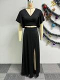 Sexy Solid Color Short Sleeves V-Neck Slit Two Piece Skirt Set