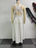 Women Striped Round Neck Sleeveless Backless Cross Straps Dress