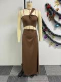 Women Solid Slash Shoulder Crop Top and Slit Skirt two-piece set