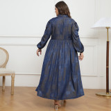Plus Size Women Button Turndown Collar Long Sleeve Maxi Dress
