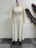 Women Striped Round Neck Sleeveless Backless Cross Straps Dress