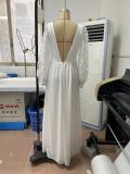 Spring Elegant V-Neck Low Back Long Sleeve Slit Women's Wedding Dress