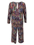 Women Print Casual Round Neck Loose Long Sleeve Jumpsuit