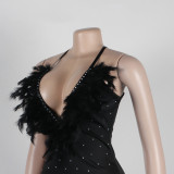 Women Sexy Beaded Feather V-Neck Backless Bodycon Dress