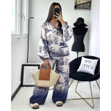 Summer Women loose long-sleeved printed shirt And Pant two-piece set