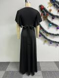 Sexy Solid Color Short Sleeves V-Neck Slit Two Piece Skirt Set