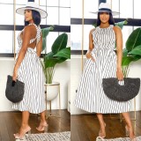 Women Striped Round Neck Sleeveless Backless Cross Straps Dress
