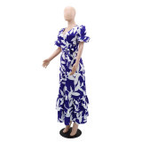 Women Chic V Neck Tie Elegant Print Ruffle Edge Long Skirt