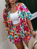 Summer Plus Size Printed Two Piece Women's Short Sleeve Shirt Shorts Set