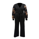 Plus Size Women Summer Mesh Puff Sleeve Wide Leg Jumpsuit