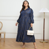 Plus Size Women Button Turndown Collar Long Sleeve Maxi Dress