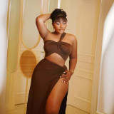 Women Solid Slash Shoulder Crop Top and Slit Skirt two-piece set