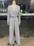 Women's Fashion Printed Loose Long Sleeve Top High Waisted Wide Leg Pants Two Piece Set