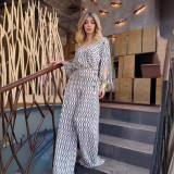 Women's Fashion Printed Loose Long Sleeve Top High Waisted Wide Leg Pants Two Piece Set
