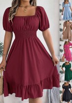 Spring And Summer Casual Square Neck Short Sleeve Slim Waist Ruffled A-Line Casual Dress Women's Clothing Spring And Summer Casual Square Neck Short Sleeve Slim Waist Ruffled A-Line Casual Dress Women's Clothing
