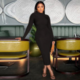 Women's Solid Color Round Neck Long Sleeve Slim Midi Dress