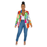 Women's Print Turndown Collar V-Neck Long-Sleeved Blazer