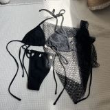 Sexy Solid Color Bikini Beach Mesh Cover Up Three-Piece Swimsuit