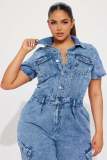 Short Sleeve Tight-Waisted Slim-Fit Stretch-Washed Denim Jumpsuit