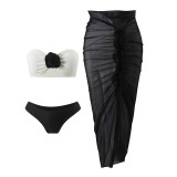 Color Block Sexy Floral Strapless Two Piece Bikini Mesh Long Skirt Three-Piece Swimsuit