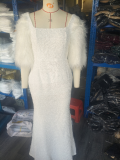 Women U-Neck Sequin Feather Sleeve Evening Dress