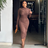 Women's Solid Color Round Neck Long Sleeve Slim Midi Dress