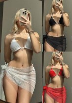 Sexy Solid Color Bikini Beach Mesh Cover Up Three-Piece Swimsuit Sexy Solid Color Bikini Beach Mesh Cover Up Three-Piece Swimsuit
