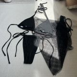 Sexy Solid Color Bikini Beach Mesh Cover Up Three-Piece Swimsuit