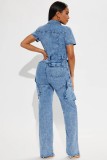 Short Sleeve Tight-Waisted Slim-Fit Stretch-Washed Denim Jumpsuit