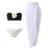 Color Block Sexy Floral Strapless Two Piece Bikini Mesh Long Skirt Three-Piece Swimsuit