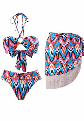 Two Pieces Halter Neck Lace-Up Sexy Low Back Bikini Skirt Slim Holidays Swimsuit