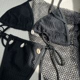 Sexy Solid Color Bikini Beach Mesh Cover Up Three-Piece Swimsuit