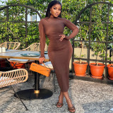 Women's Solid Color Round Neck Long Sleeve Slim Midi Dress