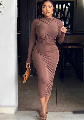 Women's Solid Color Round Neck Long Sleeve Slim Midi Dress