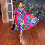 Printed V-Neck Zipper Short-Sleeved Plus Size Loose Dress