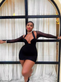 Women Halter Neck Sexy Mesh Patchwork Long Sleeve Bodycon Dress