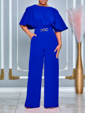 Plus Size African Women Summer Round Neck Solid Wide Leg Jumpsuit