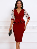Women Summer mesh flocked puff sleeves V-neck Bodycon dress